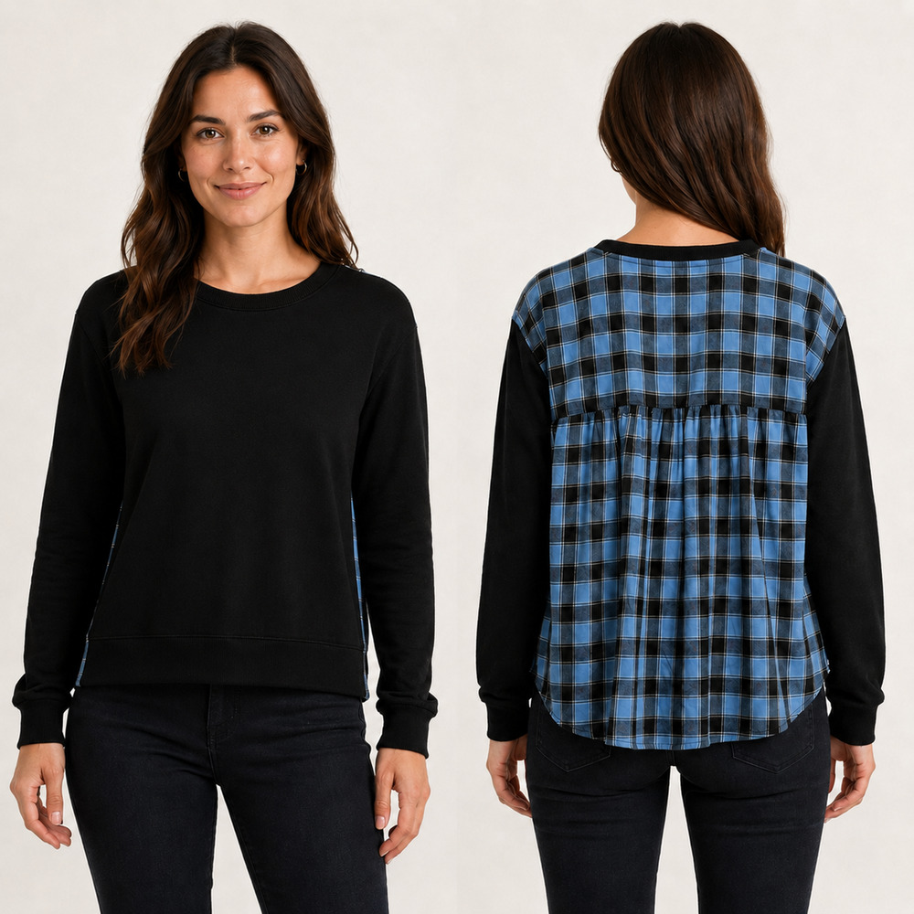 Pilcro Anthropologie Contrast Flannel Sweatshirt Small Black Blue Plaid Peplum